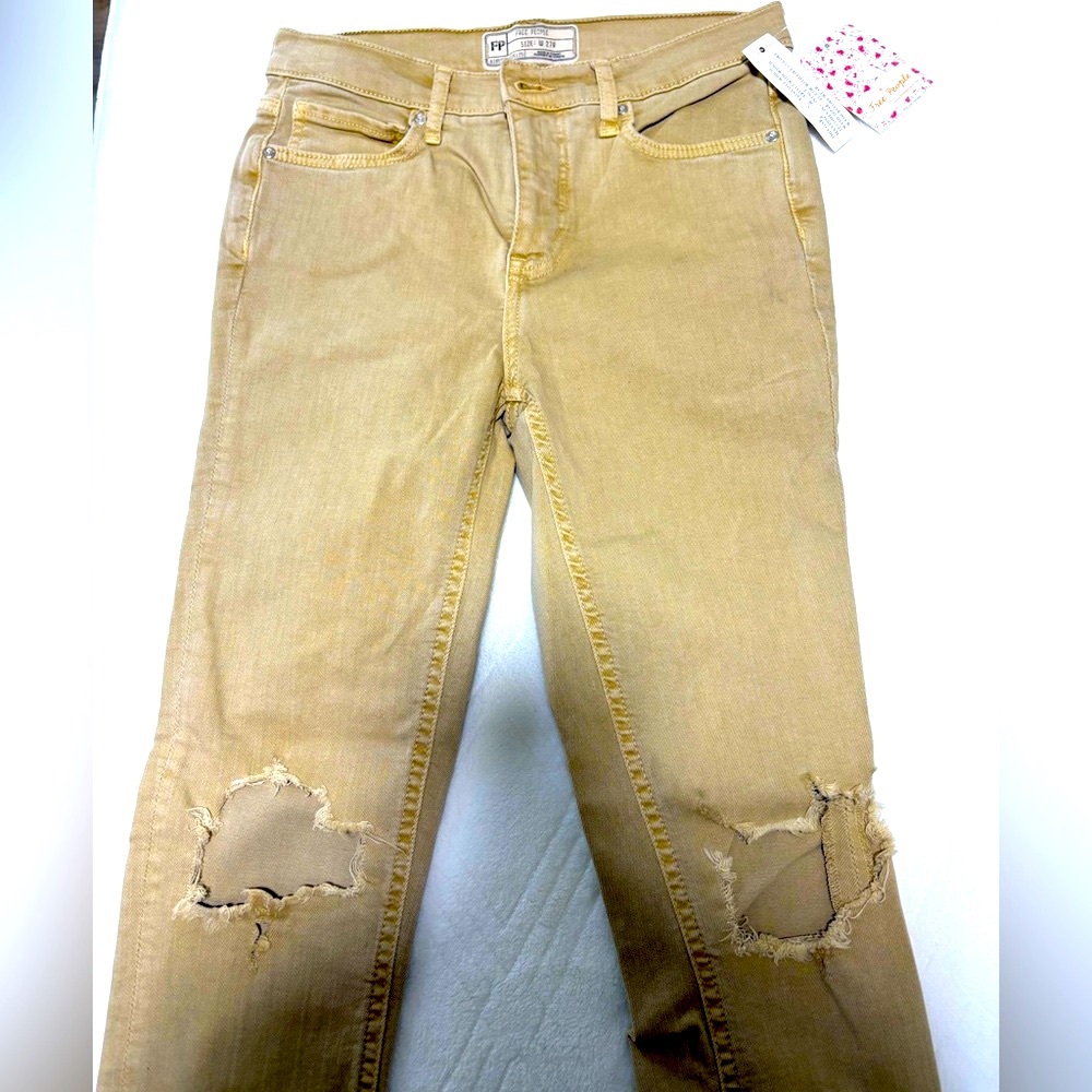 Free People Distressed Khaki Straight Leg Jeans, NWT.